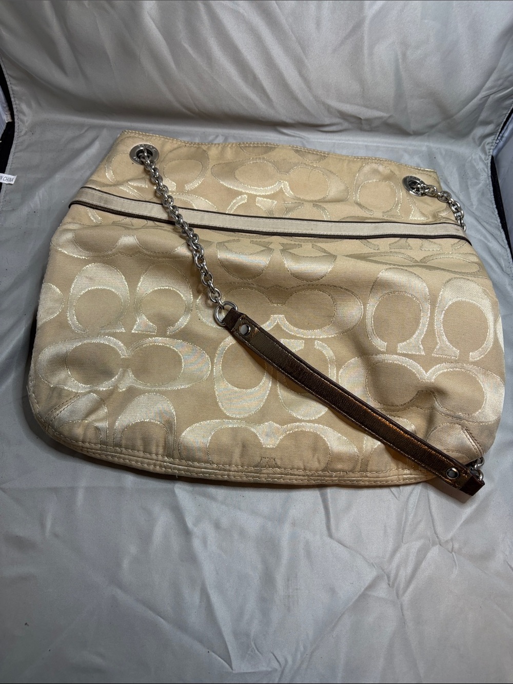 Coach Beige Signature Jacquard Chain Shoulder Bag